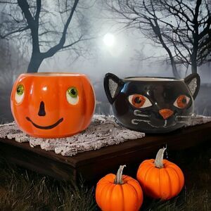 Hallmark Halloween Tealight Candle Holders Votive Set Ceramic Black Cat Pumpkin.